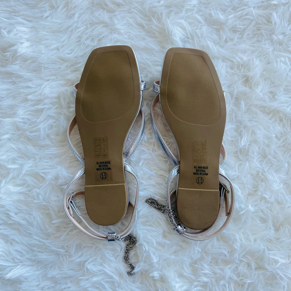 🤍New! Shein Silver Ankle Strap Flat Sandals